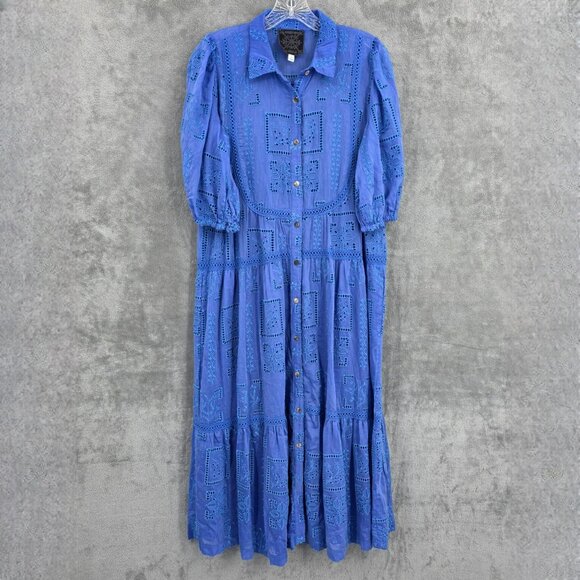 Johnny Was Dresses & Skirts - Johnny Was Sadie Embroidered Midi Shirtdress S Blue Eyelet Floral Button Up Boho